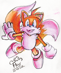 Size: 904x1080 | Tagged: safe, artist:thexiled, miles "tails" prower, 2023, mouth open, open smile, signature, smile, solo, traditional media, watercolor