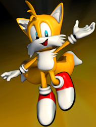 Size: 692x911 | Tagged: safe, artist:arcadeplay, miles "tails" prower, sonic heroes, 2021, 3d, gradient background, hand up, looking at viewer, mid-air, mouth open, open smile, redraw, smile, solo