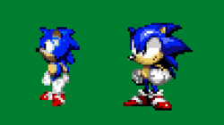 Size: 428x240 | Tagged: safe, artist:bixeldude, sonic the hedgehog, 2023, classic sonic, clenched fists, green background, looking offscreen, pixel art, redraw, simple background, smile, solo, sonic blast, sprite, standing