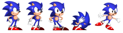 Size: 718x192 | Tagged: safe, artist:nuryrush, sonic the hedgehog, sonic the hedgehog (1991), 2015, balancing, classic sonic, crouching, hands on hips, idle, looking at viewer, looking offscreen, mouth open, redraw, simple background, smile, solo, sprite, standing, standing on one leg, transparent background