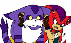 Size: 2486x1489 | Tagged: safe, artist:sirinadream, big the cat, oc, oc:brave the hedgehog, cat, hedgehog, 2024, clothes, covering ears, duo, floppy ears, frown, gilet, looking offscreen, mouth open, necklace, shrunken pupils, signature, simple background, standing, white background, yellow sclera