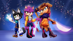 Size: 4000x2250 | Tagged: safe, artist:adairyaskie, oc, cat, hedgehog, 2025, abstract background, absurd res, clenched teeth, clothes, crossover, frown, heterochromia, holding something, huntr/x, k-pop demon hunters, looking at viewer, mira (k-pop demon hunters), rumi (k-pop demon hunters), smile, standing, sword, trio, weapon, zoey (k-pop demon hunters)