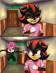 Size: 3400x4400 | Tagged: safe, artist:dianahartvoices, amy rose, shadow the hedgehog, 2025, abstract background, crossover, door, doorway, duo, indoors, jinu (k-pop demon hunters), k-pop demon hunters, laughing, redraw, rumi (k-pop demon hunters), signature, sword, text, this won't end well, weapon
