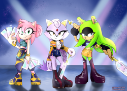 Size: 3534x2528 | Tagged: safe, artist:sunrisevee, amy rose, blaze the cat, surge the tenrec, 2025, absurd res, alternate hairstyle, card, crossover, hair down, holding something, huntr/x, k-pop demon hunters, looking at viewer, mira (k-pop demon hunters), redraw, rumi (k-pop demon hunters), signature, smile, smiling at viewer, standing, sword, tarot card, trio, zoey (k-pop demon hunters)