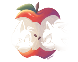 Size: 2500x2000 | Tagged: safe, artist:nube_v1, miles "tails" prower, shadow the hedgehog, 2025, apple, apple (meme), apple core, duo, food, frown, gay, head only, looking at each other, meme, shadow x tails, shipping, signature, simple background, smile, white background