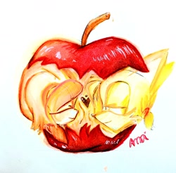 Size: 2110x2073 | Tagged: safe, artist:amgriffion, cream the rabbit, miles "tails" prower, 2025, aged up, alternate hairstyle, apple, apple (meme), apple core, duo, food, heart, lidded eyes, looking at each other, meme, older, ponytail, shipping, signature, simple background, smile, smiling at each other, straight, taiream, white background