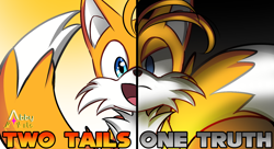 Size: 1408x768 | Tagged: safe, artist:persistentabbyarts, miles "tails" prower, 2025, english text, every tail has two sides, frown, gradient background, looking at viewer, mouth open, open smile, signature, smile, smiling at viewer, solo, text, two sides, youtube link in description, youtube thumbnail
