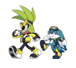 Size: 885x781 | Tagged: safe, editor:lesiasmadness, kit the fennec, surge the tenrec, 2024, duo, edit, goggles, marching, riders outfit, simple background, transparent background, transparent edit, walking