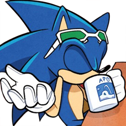 Size: 512x512 | Tagged: safe, editor:lesiasmadness, sonic the hedgehog, 2024, drink, drinking, edit, eyes closed, holding something, mug, riders outfit, shrugging, simple background, sitting, solo, table, transparent background, transparent edit