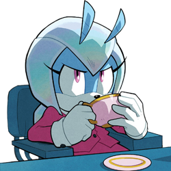 Size: 512x512 | Tagged: safe, editor:lesiasmadness, jewel the beetle, 2024, chair, drink, drinking, edit, holding something, looking up, plate, simple background, sitting, solo, table, tea, teacup, transparent background, transparent edit