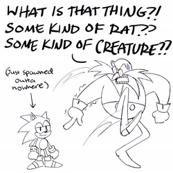 Size: 2048x2048 | Tagged: safe, artist:renae022, robotnik, sonic the hedgehog, human, 2025, dialogue, duo, english text, line art, looking at them, looking offscreen, monochrome, mouth open, pointing, shouting, simple background, smile, standing, standing on one leg, text, white background