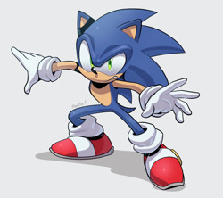 Size: 1024x908 | Tagged: safe, artist:scourgefrontier, sonic the hedgehog, 2025, clenched teeth, frown, grey background, looking offscreen, posing, redraw, shadow (lighting), signature, simple background, solo, sonic x