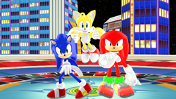 Size: 640x360 | Tagged: safe, artist:9029561, artist:sab64, knuckles the echidna, miles "tails" prower, sonic the hedgehog, sonic heroes, 2017, 3d, abstract background, casino park, double thumbs up, posing, smile, smiling at viewer, team sonic, thumbs up, trio, victory pose
