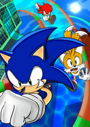 Size: 2480x3508 | Tagged: safe, artist:beckimation, knuckles the echidna, miles "tails" prower, sonic the hedgehog, sonic heroes, 2023, abstract background, daytime, fangs, grand metropolis, mouth open, nike mouth, outdoors, running, smile, team sonic, trio, uekawa style