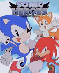Size: 1284x1604 | Tagged: safe, artist:radical dreamcaster, knuckles the echidna, miles "tails" prower, sonic the hedgehog, sonic heroes, 2023, abstract background, mid-air, ova style, posing, redraw, sky background, smile, smiling at viewer, style emulation, team sonic, trio