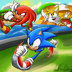 Size: 3000x3000 | Tagged: safe, artist:trytaddle, knuckles the echidna, miles "tails" prower, sonic the hedgehog, sonic heroes, 2024, abstract background, clenched teeth, clouds, daytime, flying, frown, grass, hill, looking ahead, mid-air, outdoors, running, seaside hill, signature, spinning tails, sun, team sonic, trio, water