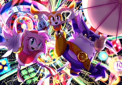 Size: 1850x1300 | Tagged: safe, artist:y-firestar, amy rose, big the cat, cheese (chao), cream the rabbit, chao, sonic heroes, 2018, abstract background, building, casino park, dice, falling, group, holding something, looking at viewer, looking up, looking up at viewer, mouth open, neutral chao, nighttime, open smile, outdoors, pinball table, smile, smiling at viewer, team rose, umbrella
