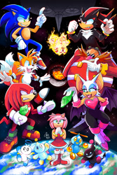 Size: 853x1280 | Tagged: safe, artist:raizy, amy rose, knuckles the echidna, miles "tails" prower, omochao, robotnik, rouge the bat, shadow the hedgehog, sonic the hedgehog, super shadow, super sonic, chao, human, sonic adventure 2, 2021, :3, abstract background, dark chao, earth, explosion, frown, group, hero chao, holding something, looking at each other, looking at them, looking at viewer, master emerald shard, moon, planet, poster, robot, signature, smile, soap shoes, space, space colony ark, sparkles, star (sky), super form, team sonic, wall of tags