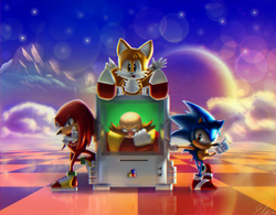 Size: 1500x1167 | Tagged: safe, artist:default-deviant, knuckles the echidna, miles "tails" prower, robotnik, sonic the hedgehog, human, 2011, abstract background, angel island, arms folded, classic knuckles, classic robotnik, classic sonic, classic tails, clouds, group, leaning, lineless, looking at viewer, monitor, pointing, signature, sitting, smile, smiling at viewer, sonic the hedgehog 3, standing, star (sky)
