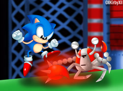 Size: 1597x1184 | Tagged: safe, artist:jdoesstuff, sonic the hedgehog, metropolis zone, sonic the hedgehog 2, 2011, abstract background, badnik, classic sonic, duo, fight, frown, lineless, looking at them, mid-air, robot, shellcracker, signature
