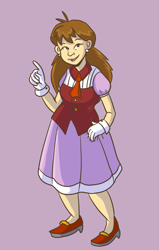 Size: 890x1400 | Tagged: safe, artist:future-gamefreak, vanilla the rabbit, human, 2013, freckles, hand on hip, humanized, pointing, purple background, simple background, smile, smiling at viewer, solo, standing