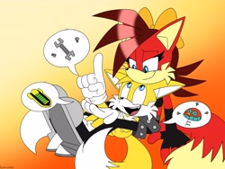 Size: 4000x3000 | Tagged: safe, artist:fartist2020, fiona fox, miles "tails" prower, fox, dialogue, duo, flat colors, gradient background, screw, speech bubble, talking, wrench