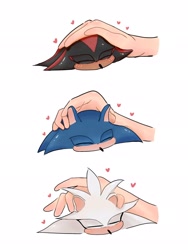 Size: 1536x2048 | Tagged: safe, artist:2fakers, shadow the hedgehog, silver the hedgehog, sonic the hedgehog, petting, shadowbetes, silverbetes, sonabetes