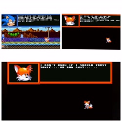 Size: 4096x4096 | Tagged: safe, miles "tails" prower, sonic the hedgehog, oc, oc:exeller, green hill zone, black background, dialogue, modgen sprites