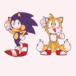 Size: 1080x1080 | Tagged: safe, artist:pyroboxes, miles "tails" prower, sonic the hedgehog, 2025, alternate version, blushing, cute, duo, flat colors, looking at viewer, mouth open, open smile, pointing, ring, simple background, smile, smiling at viewer, sonabetes, standing, tailabetes, white background