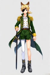 Size: 512x768 | Tagged: safe, ai art, human, asymmetrical clothes, asymmetrical legwear, belt, blue eyes, boots, eyepatch, humanized, jacket, male, partially humanized, patch d'coolette, shirt, shorts, single leg pantyhose, sword, yellow hair