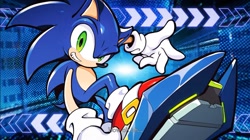 Size: 2048x1145 | Tagged: safe, artist:whisperwoif, sonic the hedgehog, 2025, abstract background, clenched teeth, extreme gear, smile, smiling at viewer, solo