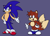 Size: 1526x1112 | Tagged: safe, artist:jukobut3, miles "tails" prower, sonic the hedgehog, fox, hedgehog, adventures of sonic the hedgehog, 2025, blue shoes, classic sonic (universe), dic, duo, flat colors, looking at viewer, looking offscreen, male, mouth open, open smile, purple background, simple background, smile, smiling at viewer, standing