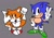 Size: 1560x1089 | Tagged: safe, artist:stryk85, miles "tails" prower, sonic the hedgehog, 2025, classic sonic, classic sonic (universe), classic tails, clenched fist, clenched teeth, duo, flat colors, green shoes, grey background, hand on hip, mouth open, ms paint, open smile, simple background, smile, smiling at viewer, standing, v sign