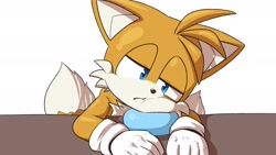 Size: 2048x1152 | Tagged: safe, artist:seen023hey, miles "tails" prower, 2025, ball, floppy ear, frown, leaning, leaning on something, lidded eyes, simple background, solo, table, white background