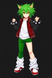 Size: 512x768 | Tagged: safe, ai art, human, asymmetrical clothes, asymmetrical legwear, black background, green hair, humanized, jacket, leg warmers, male, manic the hedgehog, partially humanized, shirt, shoes, shorts, simple background, single leg pantyhose, solo, yellow eyes