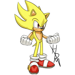 Size: 894x894 | Tagged: safe, artist:hiddenmatrixyt, sonic the hedgehog, super sonic, clenched fists, frown, looking offscreen, signature, simple background, solo, standing, super form, white background