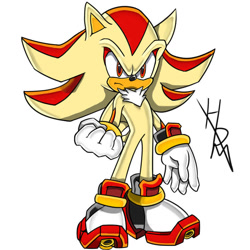 Size: 894x894 | Tagged: safe, artist:hiddenmatrixyt, shadow the hedgehog, super shadow, frown, signature, simple background, solo, standing, super form, uekawa style, white background