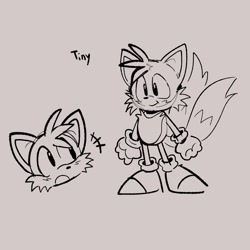 Size: 1192x1192 | Tagged: safe, artist:tlaizs, miles "tails" prower, 2022, clenched fists, cute, grey background, line art, looking offscreen, monochrome, mouth open, simple background, sketch, smile, solo, standing, tailabetes
