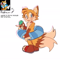 Size: 2048x2048 | Tagged: safe, artist:tlaizs, miles "tails" prower, 2022, arm fluff, back fluff, barefoot, blushing, cheek fluff, claws, english text, eye clipping through hair, food, fur markings, holding something, ice cream, redraw, reference inset, sandals, simple background, smile, smiling at viewer, solo, standing, swimming tube, text, tongue out, white background