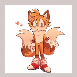Size: 2048x2048 | Tagged: safe, artist:tlaizs, miles "tails" prower, 2022, blushing, border, eye clipping through hair, fur markings, heart, leg warmers, mouth open, simple background, solo, standing, white background