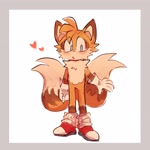 Size: 2048x2048 | Tagged: safe, artist:tlaizs, miles "tails" prower, 2022, blushing, border, eye clipping through hair, fur markings, heart, leg warmers, mouth open, simple background, solo, standing, white background