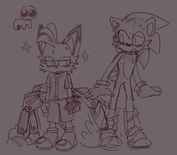Size: 2048x1797 | Tagged: safe, artist:tlaizs, miles "tails" prower, nine, sonic the hedgehog, sonic prime, 2022, clenched fists, cross popping vein, duo, ear fluff, frown, grey background, line art, looking at each other, monochrome, simple background, sketch, standing, sweatdrop