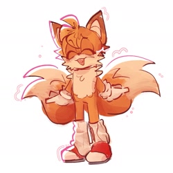 Size: 1777x1777 | Tagged: safe, artist:tlaizs, miles "tails" prower, 2022, chest fluff, cute, ear fluff, eye clipping through hair, eyes closed, leg warmers, mouth open, open smile, simple background, smile, solo, standing, tailabetes, white background