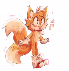 Size: 1876x1932 | Tagged: safe, artist:tlaizs, miles "tails" prower, 2022, arms out, blushing, cute, ear fluff, electrical gloves, eye clipping through hair, head fluff, heart, heart tongue, leg fluff, leg warmers, looking offscreen, mouth open, open smile, simple background, sketch, smile, solo, standing, tailabetes, white background