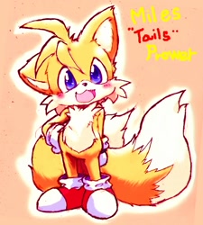 Size: 1200x1332 | Tagged: safe, artist:phantmail8, miles "tails" prower, blushing, character name, cute, one fang, outline, simple background, solo, standing, tailabetes, tan background