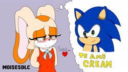 Size: 5120x2880 | Tagged: safe, artist:moiseslobo, cream the rabbit, sonic the hedgehog, 2019, age difference, blushing, cream x sonic, crying, dialogue, duo, flat colors, grey background, heart, italian text, lidded eyes, shipping, signature, simple background, smile, standing, straight, tears, text, thought bubble