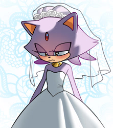 Size: 1455x1648 | Tagged: safe, artist:sonicbarbie, blaze the cat, 2025, blushing, frown, lidded eyes, looking down, solo, standing, wedding dress, wedding veil