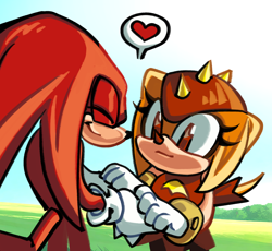 Size: 1678x1542 | Tagged: safe, artist:sonicbarbie, knuckles the echidna, trip the sungazer, 2024, abstract background, daytime, duo, eyes closed, grass, heart, holding hands, looking at them, outdoors, smile, standing