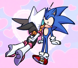 Size: 1773x1539 | Tagged: safe, artist:sonicbarbie, rouge the bat, sonic the hedgehog, 2024, abstract background, age difference, dubious consent, duo, exclamation mark, eyes closed, flying, heart, kiss, shipping, shrunken pupils, sonouge, standing, straight, surprise kiss, surprised, underage, wide eyes
