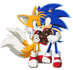 Size: 1600x1546 | Tagged: safe, artist:montyth, miles "tails" prower, sonic the hedgehog, fox, hedgehog, 2025, age difference, arm around shoulders, blushing, chocolate, chocolate box, couple, cute, duo, gay, heart, holding something, looking at each other, male, mouth open, one eye closed, shipping, simple background, smile, sonic x style, sonic x tails, standing, transparent background, valentine's day, wink